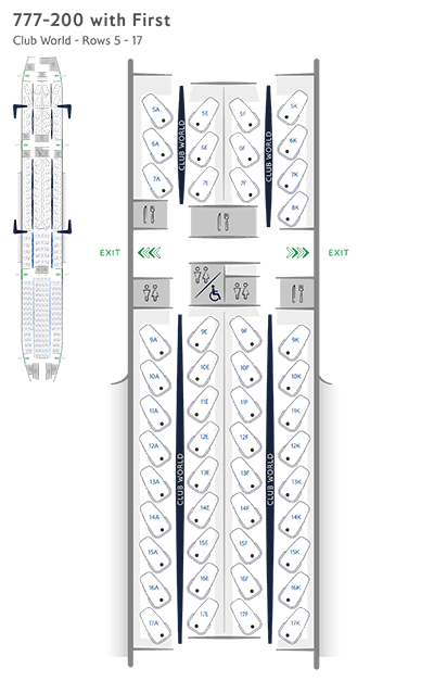 Boeing 777-200 Club World with first class seat map