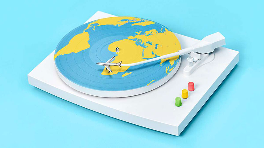 Record player with world map.