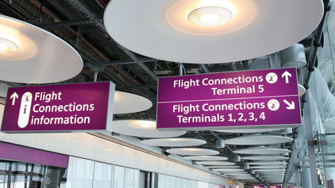 Flight connection sign at London Heathrow Terminal 5.