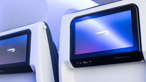 Back of the economy (World Traveller) seat showing the inflight entertainment screen on the refreshed Boeing 777-200 aircraft. 