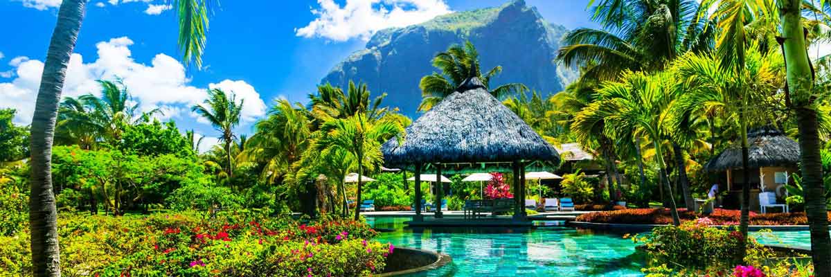 Relaxing pool bar at tropical resort, Mauritius.