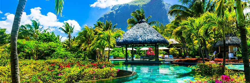 Relaxing pool bar at tropical resourt, Mauritius.