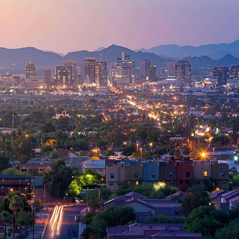 Top view of downtown Phoenix Arizona at sunset in USA.