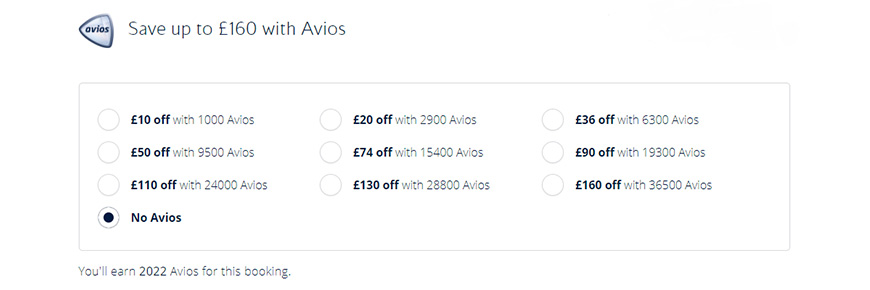 Avios part payment options shown when booking a flight on ba.com.