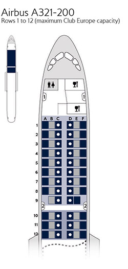 A321-200 Club Europe seat map.