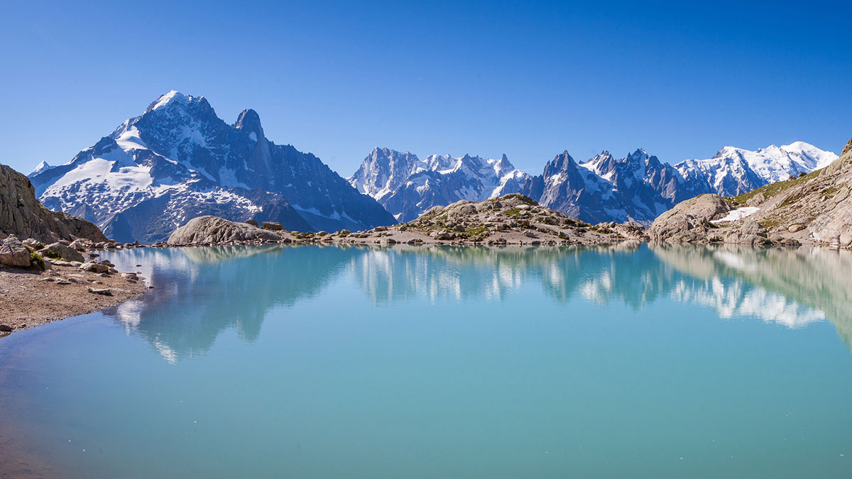 Mont Blanc reflected in Lake Blanc, Mont Blanc Massif, Alps, France ©Nattrass.