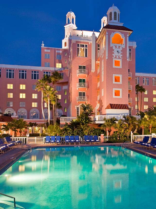 Night view of the pool and hotel, The Don CeSar. © The Don CeSar.