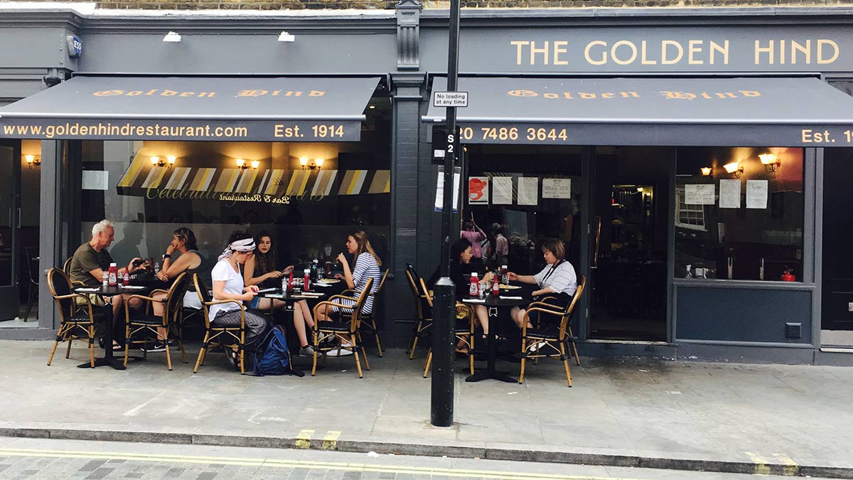 Fish at The Golden Hind is delivered fresh daily, then encased in the quintessential British batter