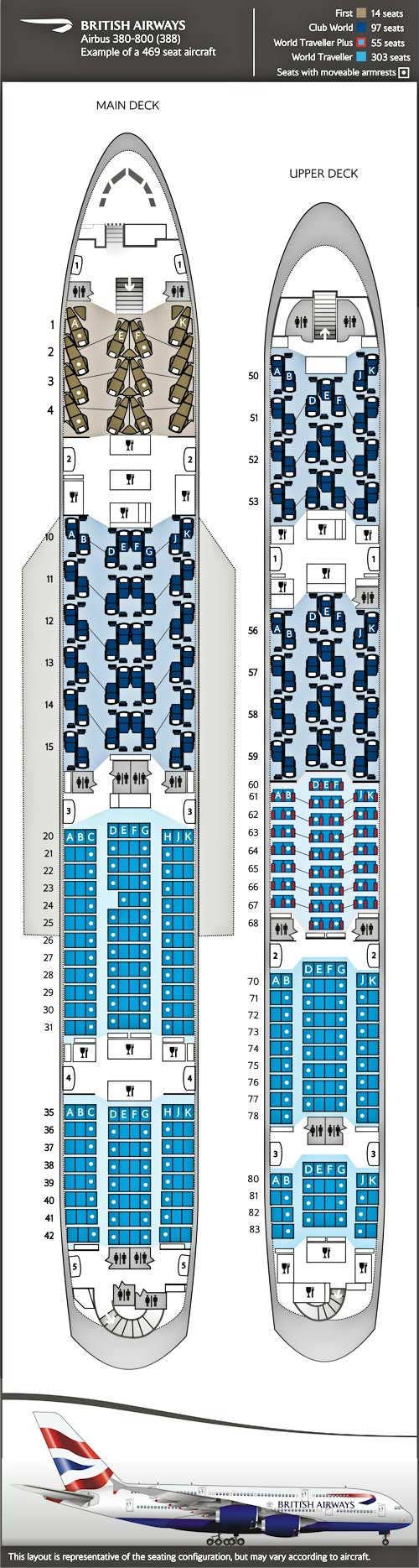 Seatmap for Airbus 380-800, 4 class 469 seat layout.